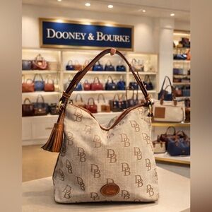 Dooney & Bourke Shoulder Bag Tan Brown Florentine Jacquard Zip Slouchy Purse Y2K